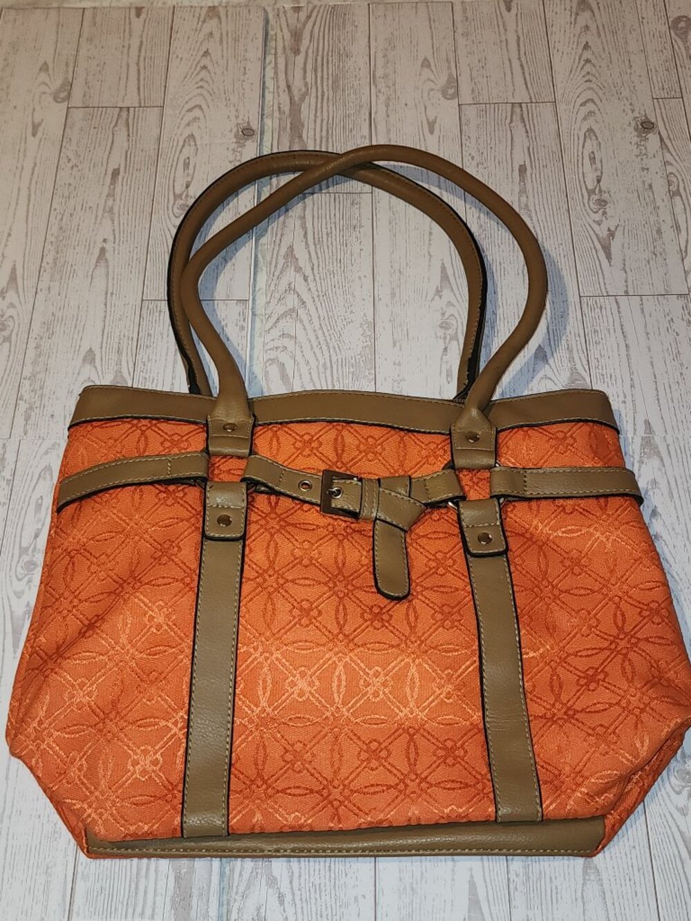 Croft & Barrow Orange Jacquard Tote Bag Brown Trim Large Shoulder Purse